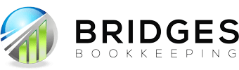 Logo of Bridges Bookkeeping with a stylized globe and bar chart icon on the left and the company name in bold letters.